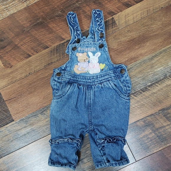 Vintage Jeans Wear Blue Denim Ruffle Embroidered Overalls, Size 0-3 Months - Picture 1 of 6